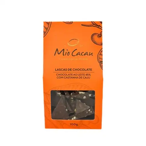  LASCAS DE CHOCOLATE AO LEITE 45% COM CASTANHA DE CAJU 100G